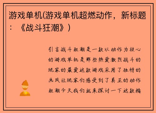 游戏单机(游戏单机超燃动作，新标题：《战斗狂潮》)